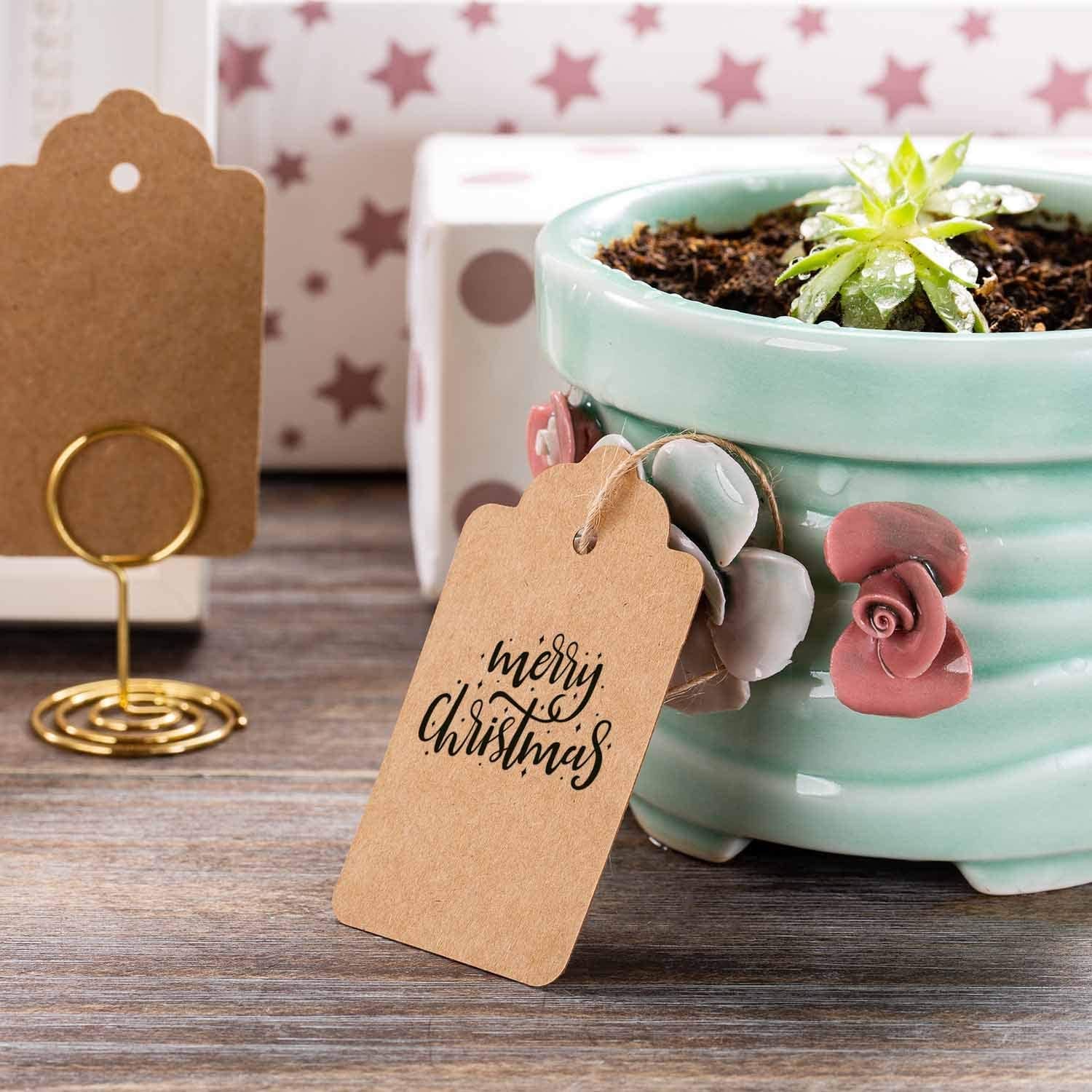 100Pcs Premium Gift Tags, Double-Sided Available Kraft Paper Price Tags with 100 Root Natural Jute Twine, Craft Labels Treats for Wedding Christmas Day Thanksgiving