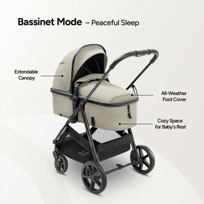 Wiz 2-In-1 Baby Stroller with Bassinet Mode, Reversible Seat and Large Canopy, Khaki, 22.3LB, Unisex