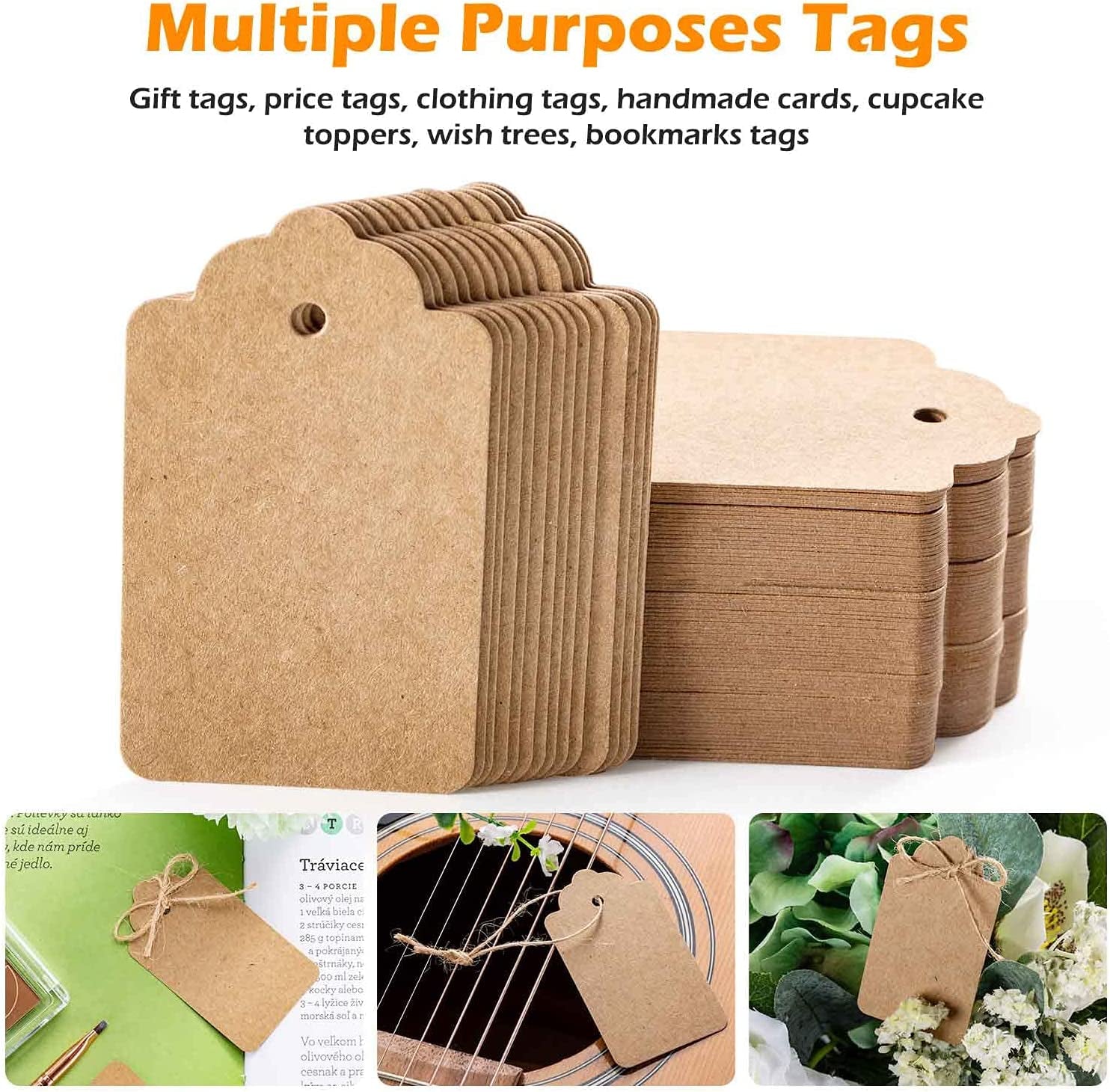 100Pcs Premium Gift Tags, Double-Sided Available Kraft Paper Price Tags with 100 Root Natural Jute Twine, Craft Labels Treats for Wedding Christmas Day Thanksgiving