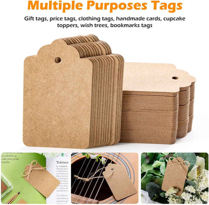 100Pcs Premium Gift Tags, Double-Sided Available Kraft Paper Price Tags with 100 Root Natural Jute Twine, Craft Labels Treats for Wedding Christmas Day Thanksgiving